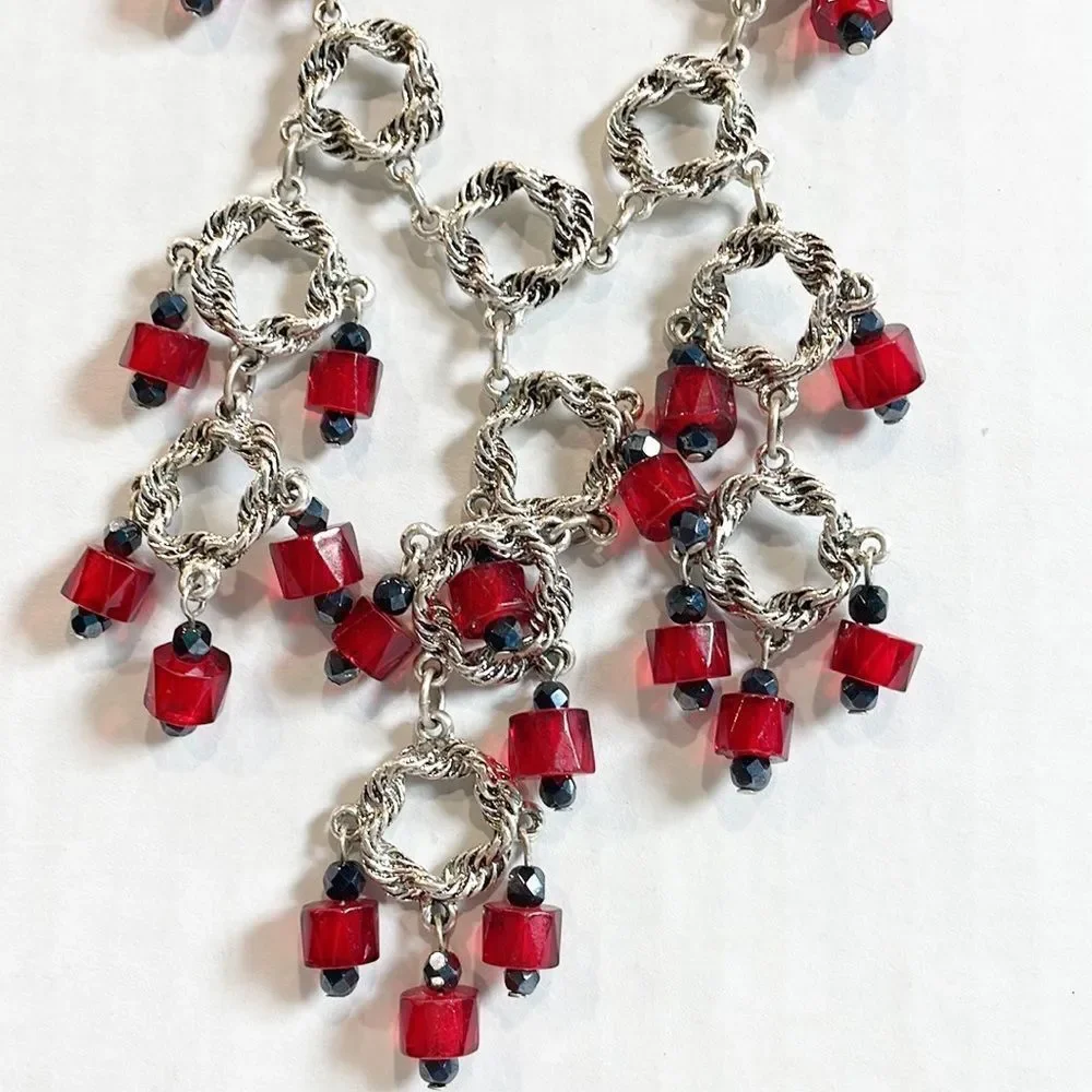 Chico's Vintage Women’s Necklace Silver-tone Red‎ Jewel Adjustable Chandelier